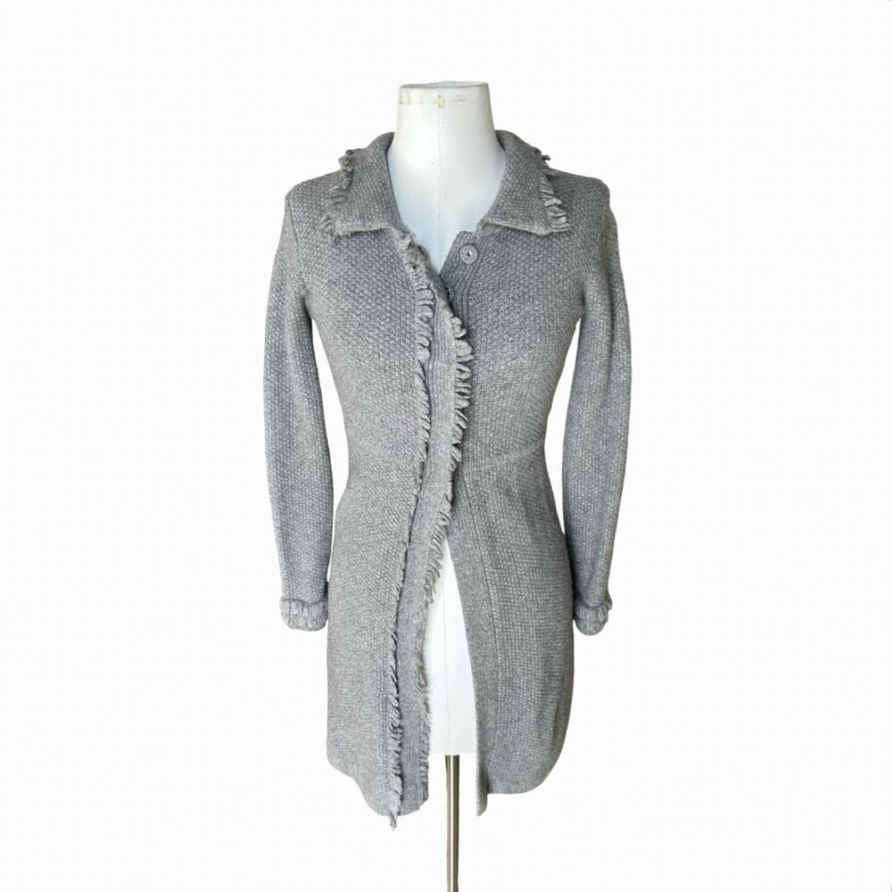 Boden Wool Textured Knit Ruffle Trim Cardigan Sweater Gray Women’s Cozycore